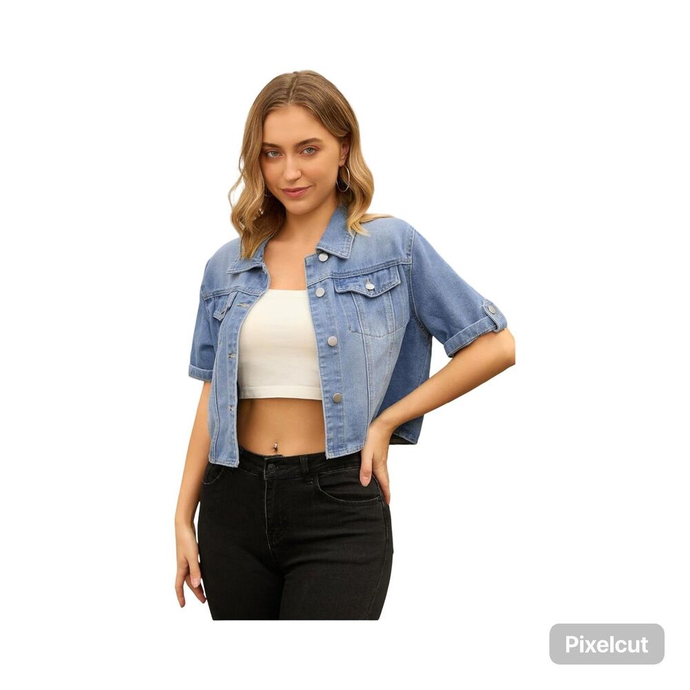 NWOT Size Small CiMuk Short Sleeve Denim Cropped Jacket Women's